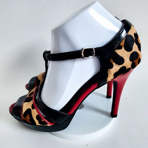 Moda Spana Leopard Strappy 4" Heels Open Toe Women's Size 7.5 T-Strap Mary Janes - Picture 3 of 10